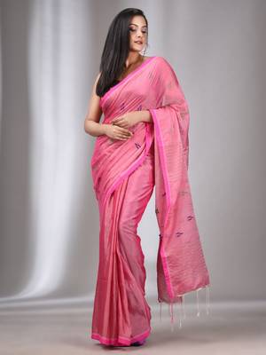 Light Pink Tissue Cotton Handspun Handwoven Soft Saree With Stripes Pallu 2