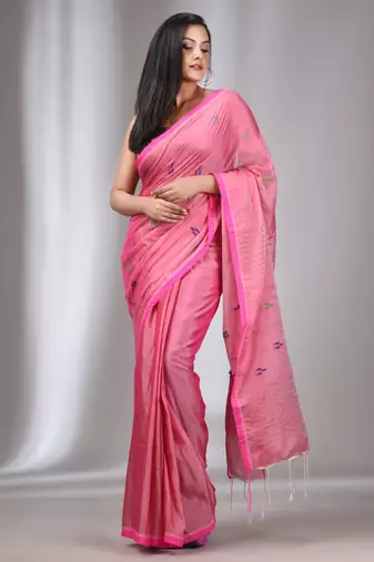 Light Pink Tissue Cotton Handspun Handwoven Soft Saree With Stripes Pallu