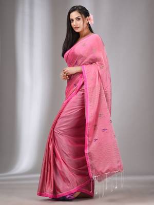 Light Pink Tissue Cotton Handspun Handwoven Soft Saree With Stripes Pallu 3