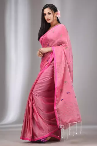 Light Pink Tissue Cotton Handspun Handwoven Soft Saree With Stripes Pallu