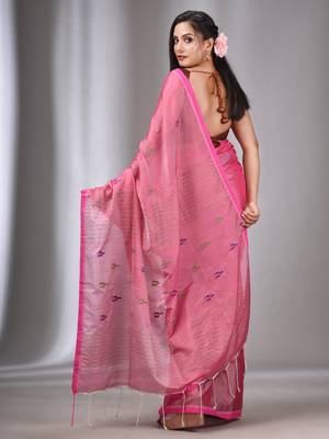 Light Pink Tissue Cotton Handspun Handwoven Soft Saree With Stripes Pallu 4
