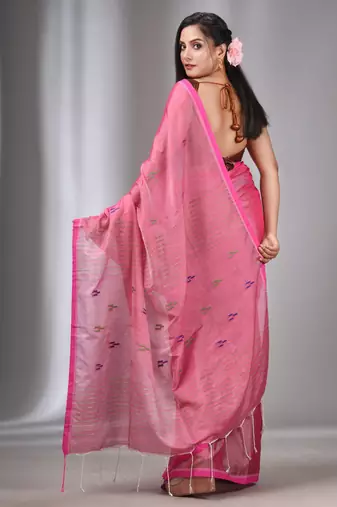 Light Pink Tissue Cotton Handspun Handwoven Soft Saree With Stripes Pallu