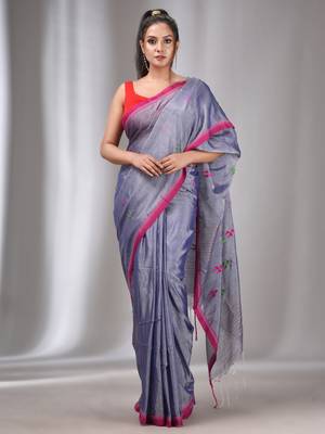 Blue Tissue Cotton Handspun Handwoven Soft Saree With Stripes Pallu 1