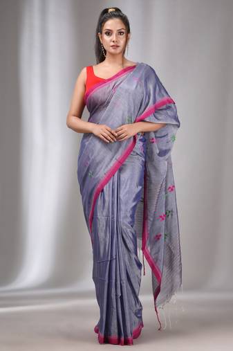 Blue Tissue Cotton Handspun Handwoven Soft Saree With Stripes Pallu