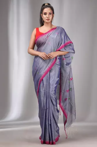 Blue Tissue Cotton Handspun Handwoven Soft Saree With Stripes Pallu