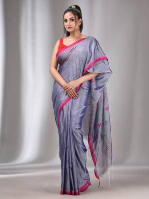 Blue Tissue Cotton Handspun Handwoven Soft Saree With Stripes Pallu 2