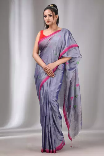 Blue Tissue Cotton Handspun Handwoven Soft Saree With Stripes Pallu