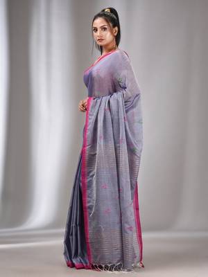 Blue Tissue Cotton Handspun Handwoven Soft Saree With Stripes Pallu 3