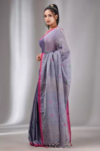 Blue Tissue Cotton Handspun Handwoven Soft Saree With Stripes Pallu