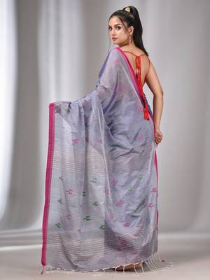 Blue Tissue Cotton Handspun Handwoven Soft Saree With Stripes Pallu 4