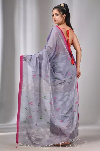 Blue Tissue Cotton Handspun Handwoven Soft Saree With Stripes Pallu