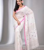 White Tissue Cotton Handspun Handwoven Soft Saree With Stripes Pallu