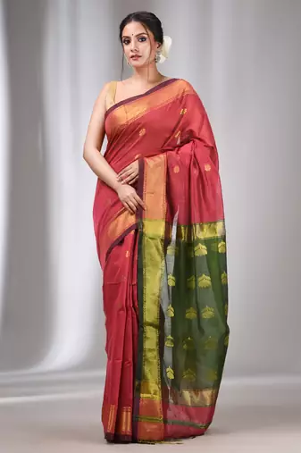 Rose Pink Cotton Silk Handwoven Saree With Zari Border