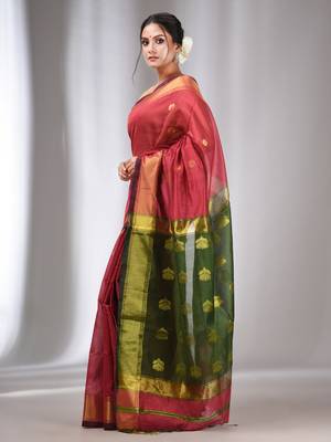 Rose Pink Cotton Silk Handwoven Saree With Zari Border 3