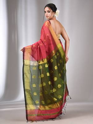 Rose Pink Cotton Silk Handwoven Saree With Zari Border 4