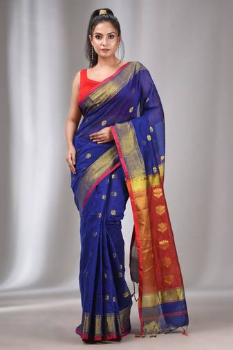 Royal Blue Cotton Silk Handwoven Saree With Zari Border