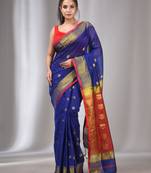 Royal Blue Cotton Silk Handwoven Saree With Zari Border