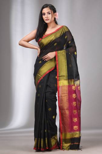 Black Cotton Silk Handwoven Saree With Zari Border