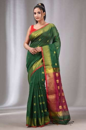 Green Cotton Silk Handwoven Saree With Zari Border