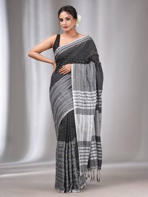 Black Cotton Handwoven Saree with Stripes Designs 1
