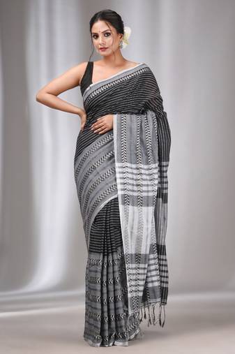 Black Cotton Handwoven Saree with Stripes Designs