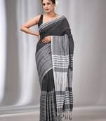 Black Cotton Handwoven Saree with Stripes Designs