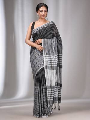 Black Cotton Handwoven Saree with Stripes Designs 2