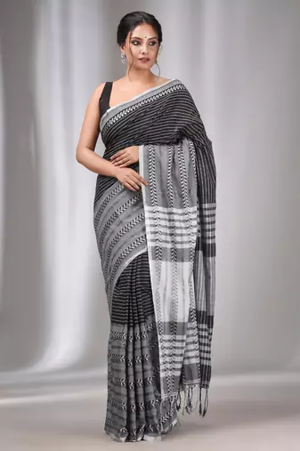 Black Cotton Handwoven Saree with Stripes Designs
