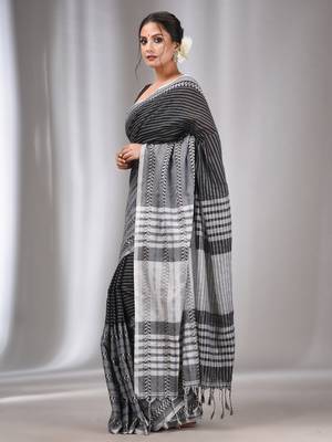 Black Cotton Handwoven Saree with Stripes Designs 3