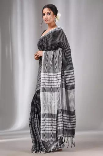 Black Cotton Handwoven Saree with Stripes Designs