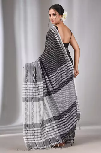 Black Cotton Handwoven Saree with Stripes Designs