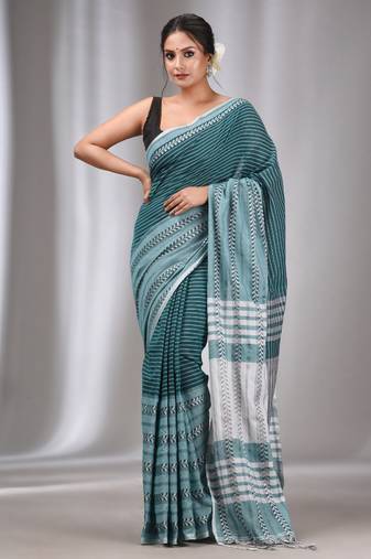 Teal Cotton Handwoven Saree with Stripes Designs