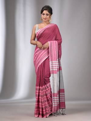 Pink Cotton Handwoven Saree with Stripes Designs 1