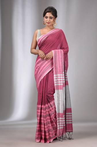 Pink Cotton Handwoven Saree with Stripes Designs