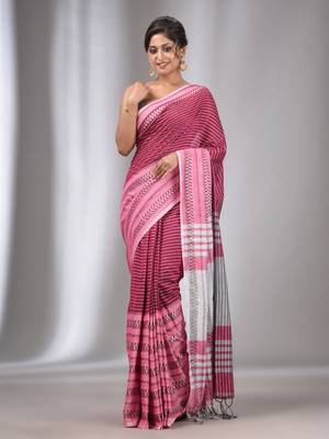 Pink Cotton Handwoven Saree with Stripes Designs 2