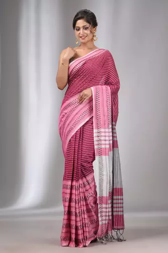 Pink Cotton Handwoven Saree with Stripes Designs