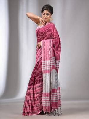 Pink Cotton Handwoven Saree with Stripes Designs 3