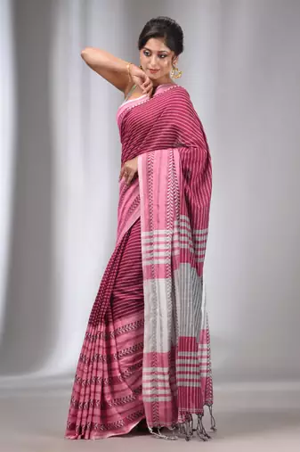 Pink Cotton Handwoven Saree with Stripes Designs