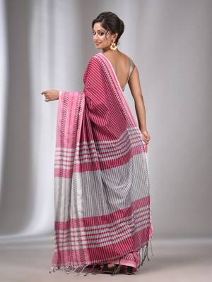 Pink Cotton Handwoven Saree with Stripes Designs 4