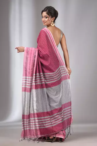 Pink Cotton Handwoven Saree with Stripes Designs