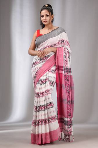 White & Pink Cotton Handwoven Soft Saree With Nakshi Designs
