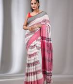 White & Pink Cotton Handwoven Soft Saree With Nakshi Designs
