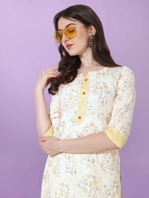 Cream, Yellow Jaipuri Floral Printed Cotton Straight Fit Kurta And Trouser 1