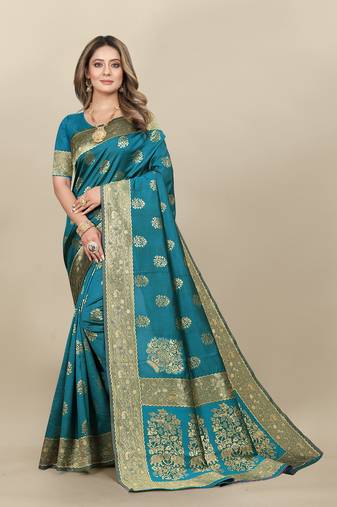 Green Banarasi silk blend Zari Woven Floral Design Weaving Border With Blouse