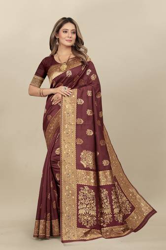 Maroon Banarasi silk blend Zari Woven Floral Design Weaving Border With Blouse