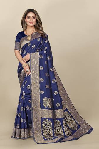 Blue Banarasi silk blend Zari Woven Floral Design Weaving Border With Blouse