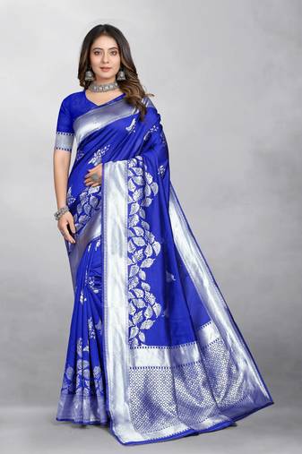 Royal Blue Banarasi silk blend Zari Woven Floral Design Weaving Border With Blouse