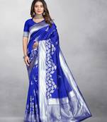 Royal Blue Banarasi silk blend Zari Woven Floral Design Weaving Border With Blouse