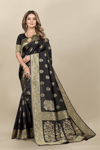 Black Banarasi silk blend Zari Woven Floral Design Weaving Border With Blouse