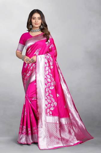 Pink Banarasi silk blend Zari Woven Floral Design Weaving Border With Blouse